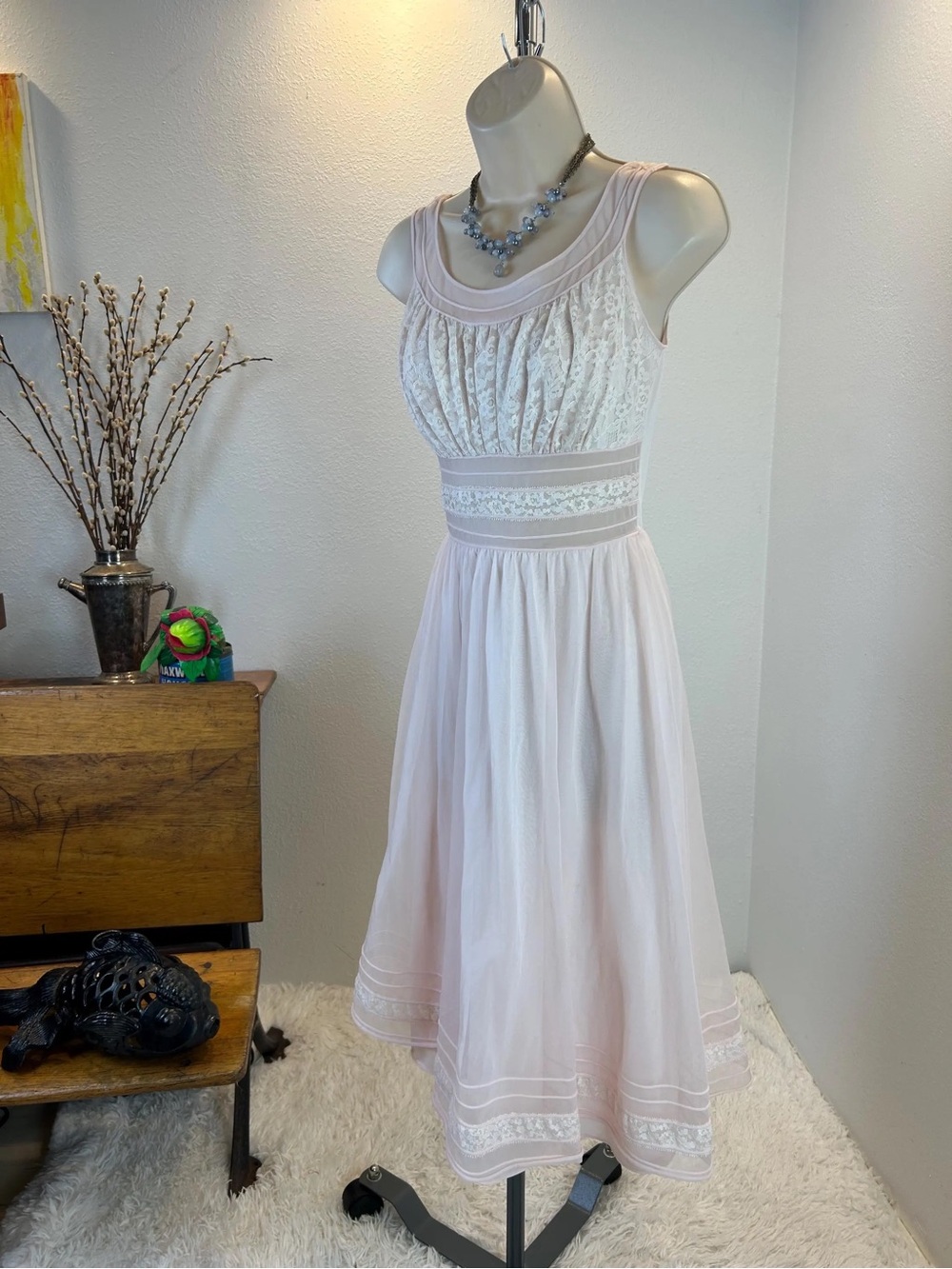 1960s Shadowline  Nightgown Chiffon Lace Lingerie Vintage Sz S - Picture 9 of 16